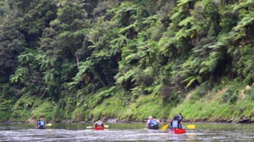 Group canoeing down the Whanganui River